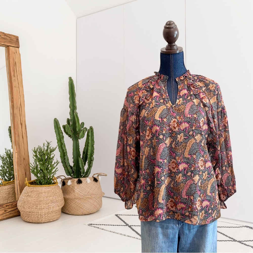 Entro Leaf Pattern Chiffon Lined Ruffle Trim Top